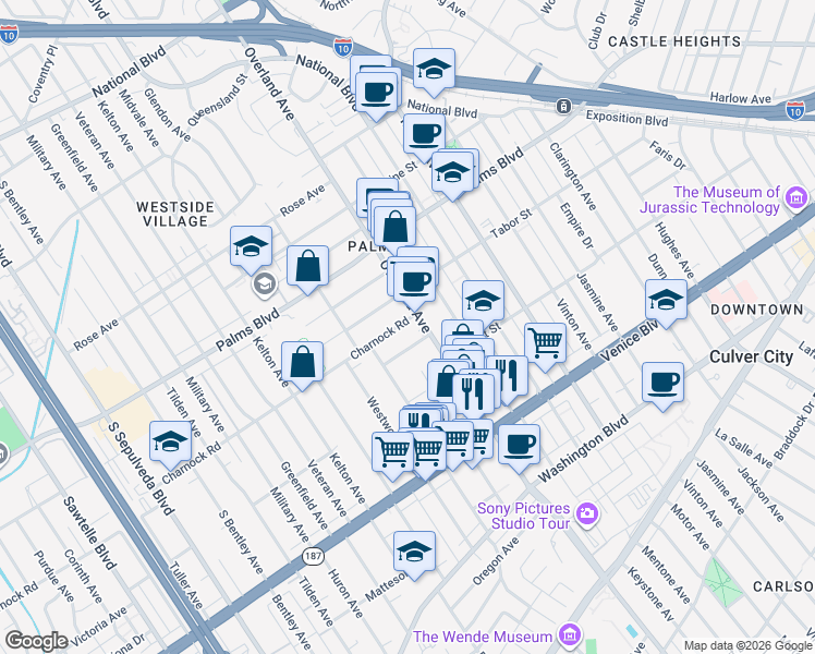 map of restaurants, bars, coffee shops, grocery stores, and more near 10715 Francis Place in Los Angeles