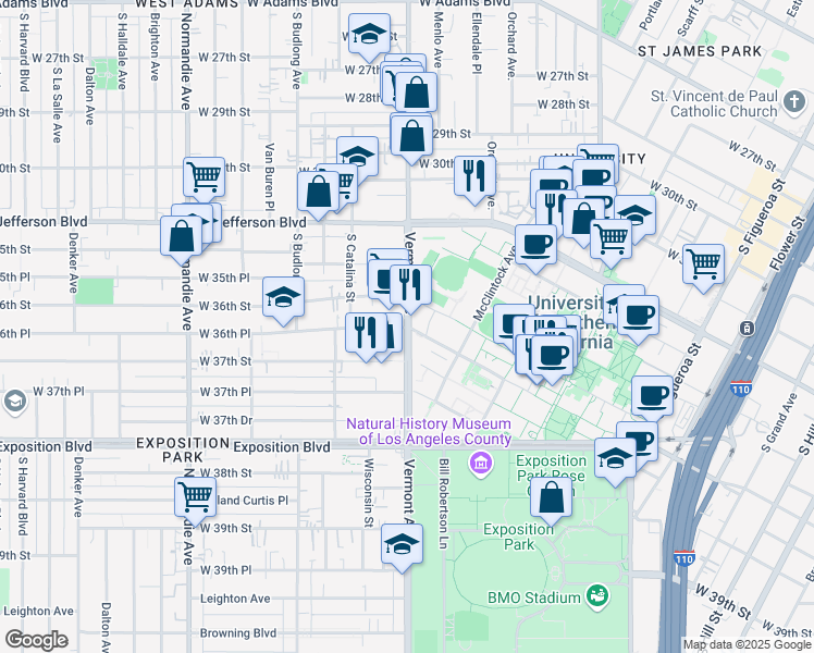 map of restaurants, bars, coffee shops, grocery stores, and more near 3640 South Vermont Avenue in Los Angeles