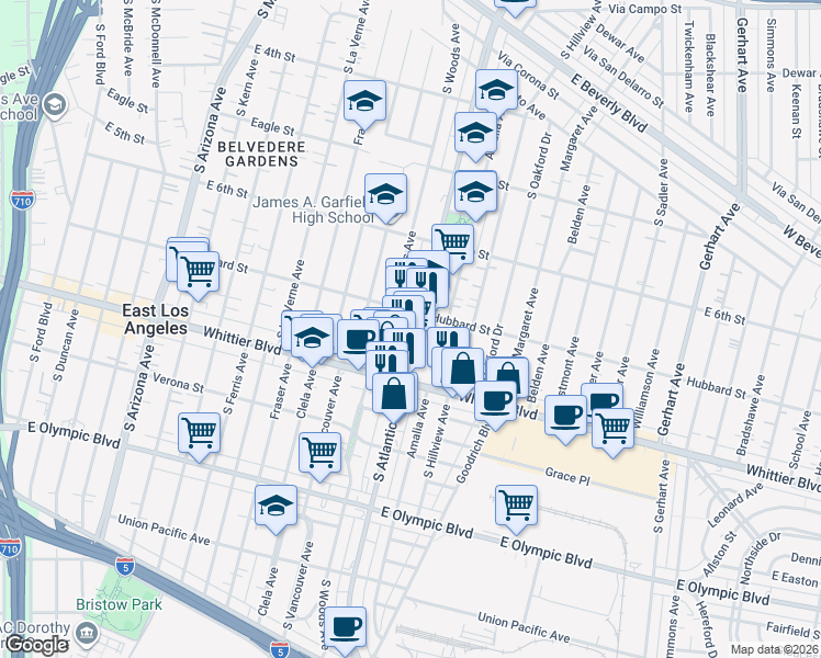 map of restaurants, bars, coffee shops, grocery stores, and more near 738 South Atlantic Boulevard in East Los Angeles