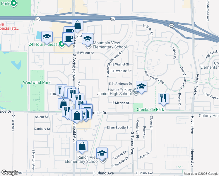 map of restaurants, bars, coffee shops, grocery stores, and more near 2912 East Cog Hill Court in Ontario
