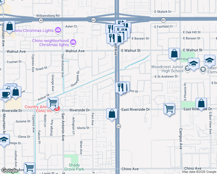map of restaurants, bars, coffee shops, grocery stores, and more near 315 West Via Rua Flores in Ontario
