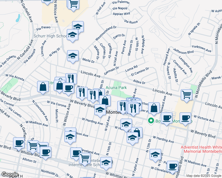 map of restaurants, bars, coffee shops, grocery stores, and more near 540 North 18th Street in Montebello