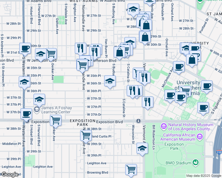 map of restaurants, bars, coffee shops, grocery stores, and more near 1260 West 36th Place in Los Angeles