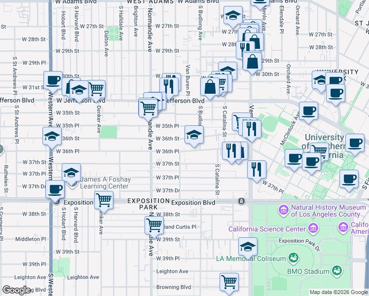 map of restaurants, bars, coffee shops, grocery stores, and more near 1290 West 36th Place in Los Angeles