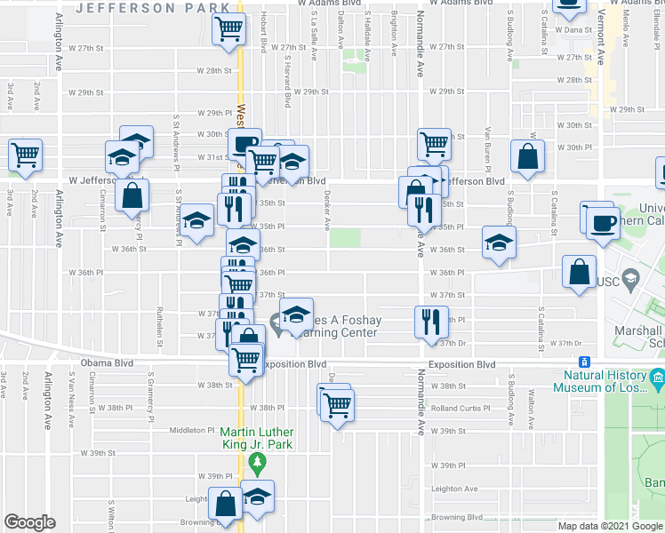 map of restaurants, bars, coffee shops, grocery stores, and more near 1568 West 36th Place in Los Angeles