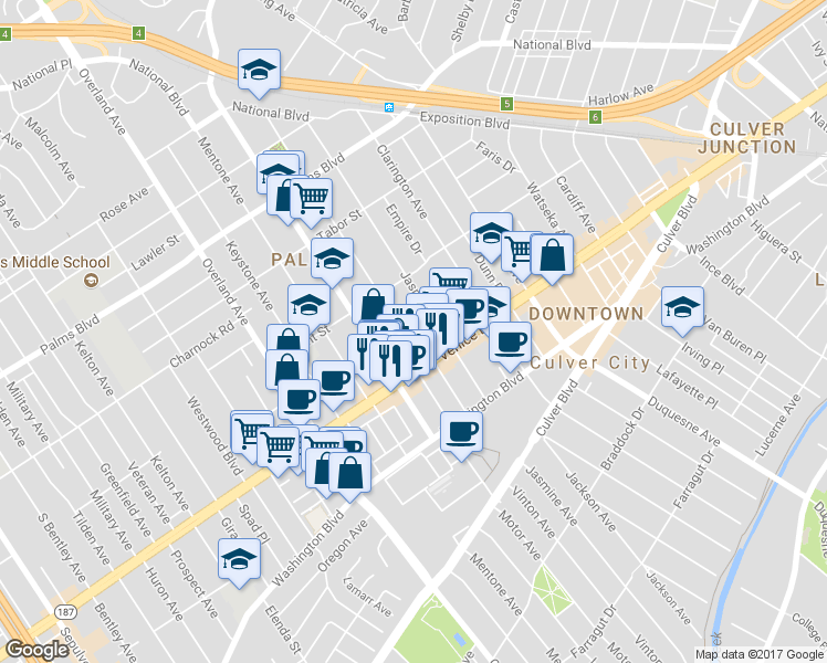 map of restaurants, bars, coffee shops, grocery stores, and more near 3760 Motor Avenue in Los Angeles