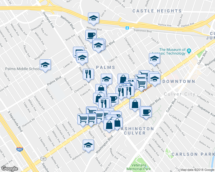 map of restaurants, bars, coffee shops, grocery stores, and more near 3721 Mentone Avenue in Los Angeles