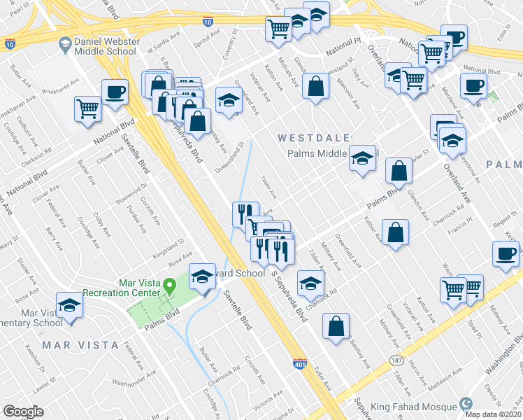 map of restaurants, bars, coffee shops, grocery stores, and more near 3415 South Bentley Avenue in Los Angeles