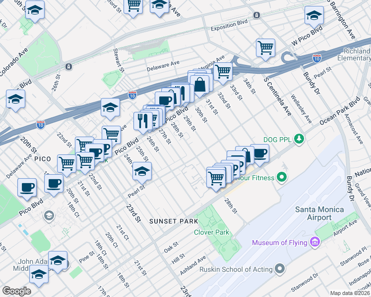 map of restaurants, bars, coffee shops, grocery stores, and more near 2345 27th Street in Santa Monica