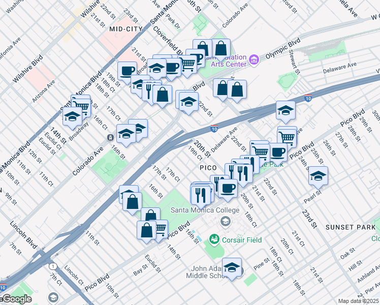 map of restaurants, bars, coffee shops, grocery stores, and more near 1843 19th Street in Santa Monica