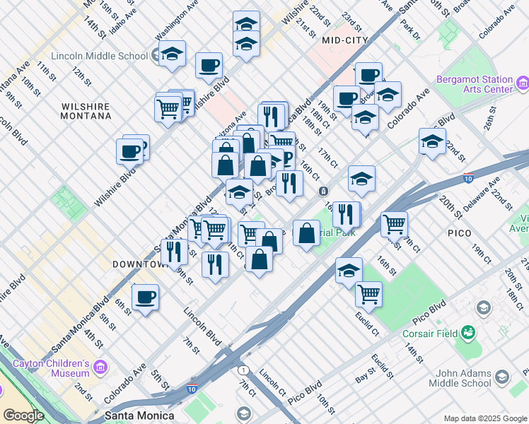 map of restaurants, bars, coffee shops, grocery stores, and more near 1543 Euclid Court in Santa Monica