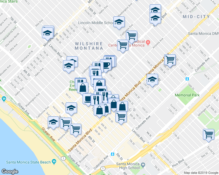 map of restaurants, bars, coffee shops, grocery stores, and more near 1264 Lincoln Court in Santa Monica