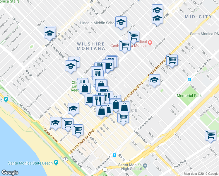 map of restaurants, bars, coffee shops, grocery stores, and more near 1264 Lincoln Court in Santa Monica
