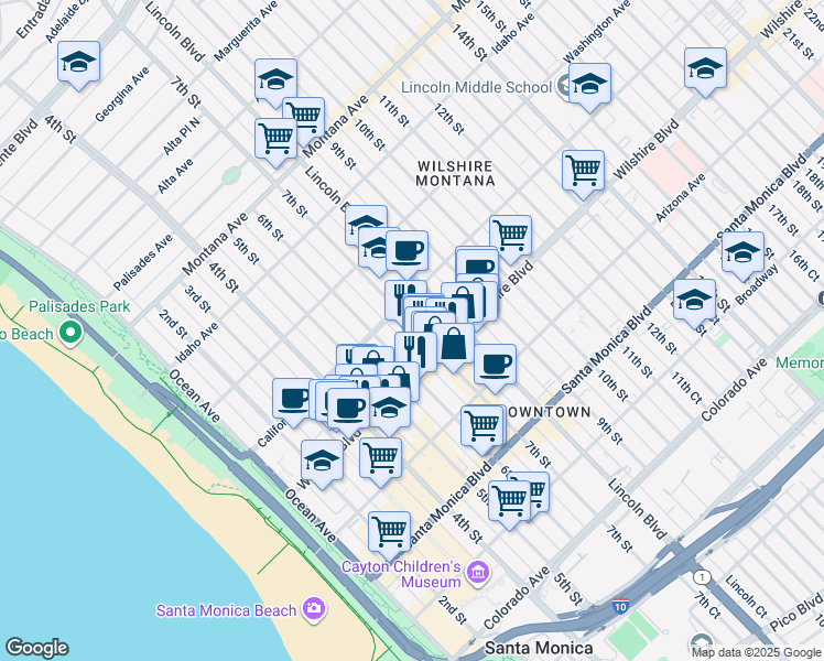 map of restaurants, bars, coffee shops, grocery stores, and more near 1133 6th Street in Santa Monica