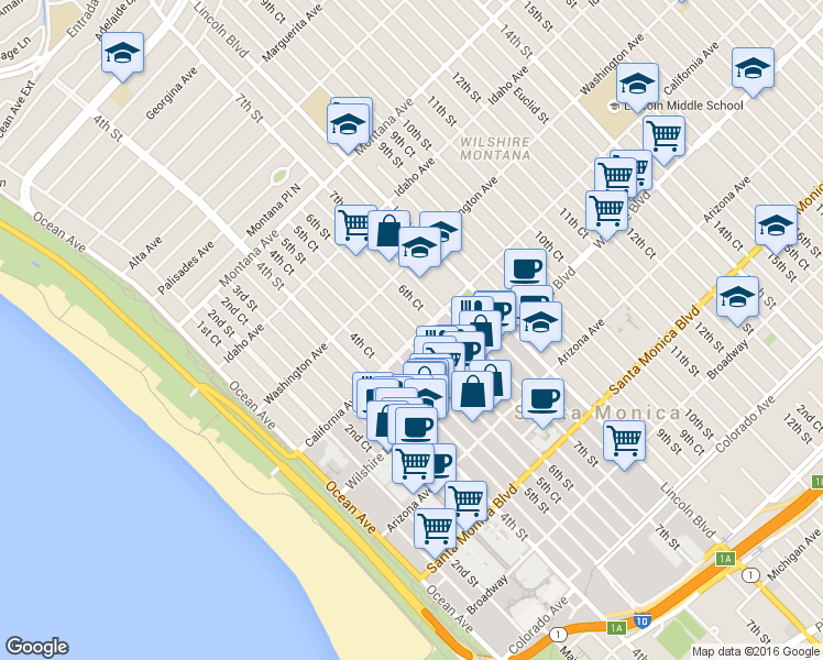 map of restaurants, bars, coffee shops, grocery stores, and more near 490 California Avenue in Santa Monica