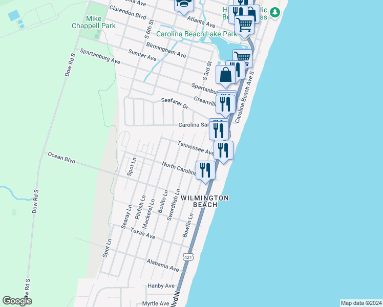 map of restaurants, bars, coffee shops, grocery stores, and more near 1214 Snapper Lane in Carolina Beach