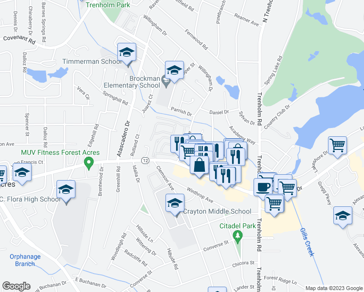 map of restaurants, bars, coffee shops, grocery stores, and more near 1620 Willingham Drive in Columbia