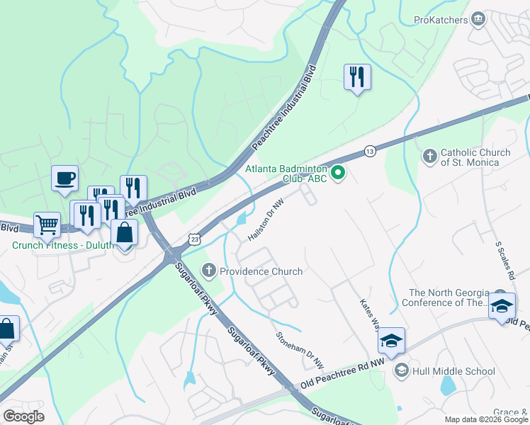 map of restaurants, bars, coffee shops, grocery stores, and more near 2017 Hailston Drive Northwest in Duluth