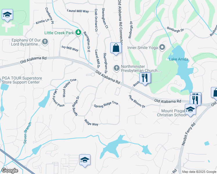 map of restaurants, bars, coffee shops, grocery stores, and more near 167 Hunters Cove in Roswell