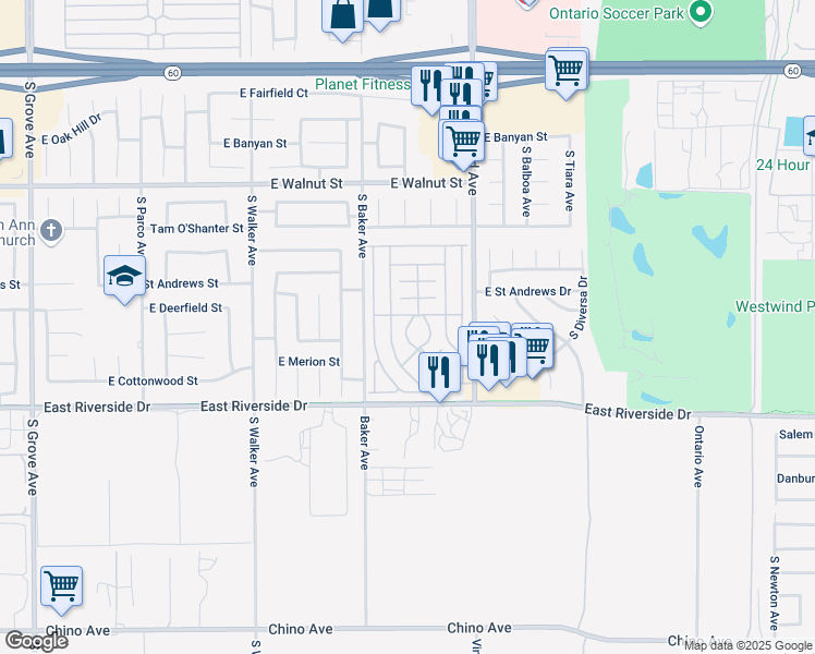map of restaurants, bars, coffee shops, grocery stores, and more near Meadow Circle in Ontario