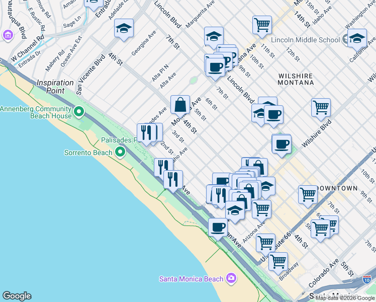 map of restaurants, bars, coffee shops, grocery stores, and more near 228 Idaho Avenue in Santa Monica