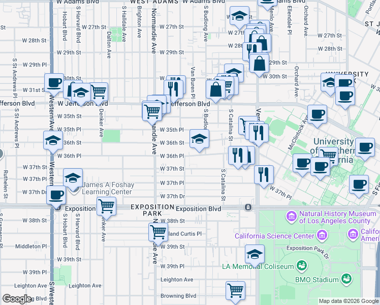 map of restaurants, bars, coffee shops, grocery stores, and more near 1290 West 36th Place in Los Angeles