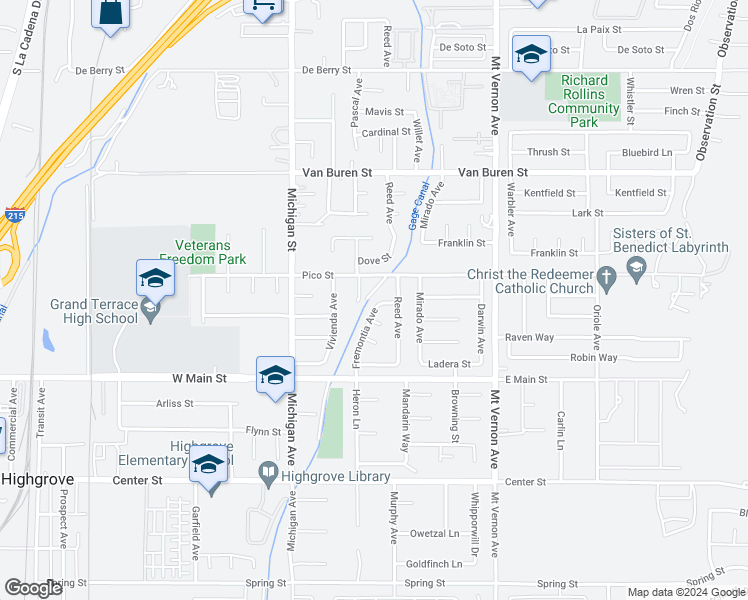 map of restaurants, bars, coffee shops, grocery stores, and more near 12756 Fremontia Avenue in Grand Terrace