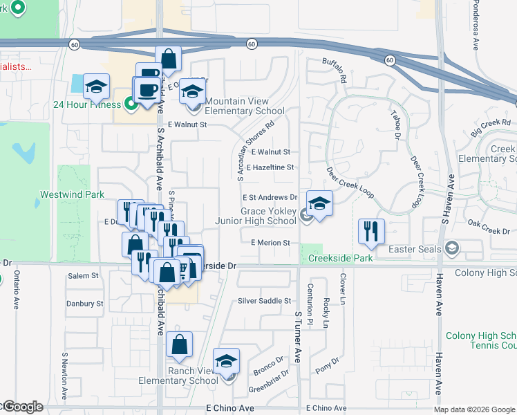map of restaurants, bars, coffee shops, grocery stores, and more near 2854 South Peachtree Place in Ontario