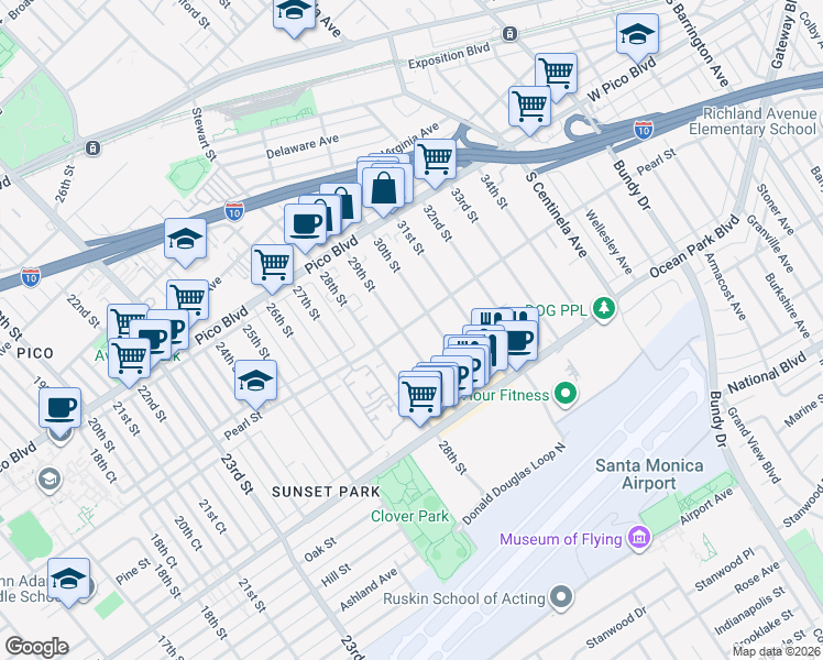 map of restaurants, bars, coffee shops, grocery stores, and more near 2908 Pearl Street in Santa Monica