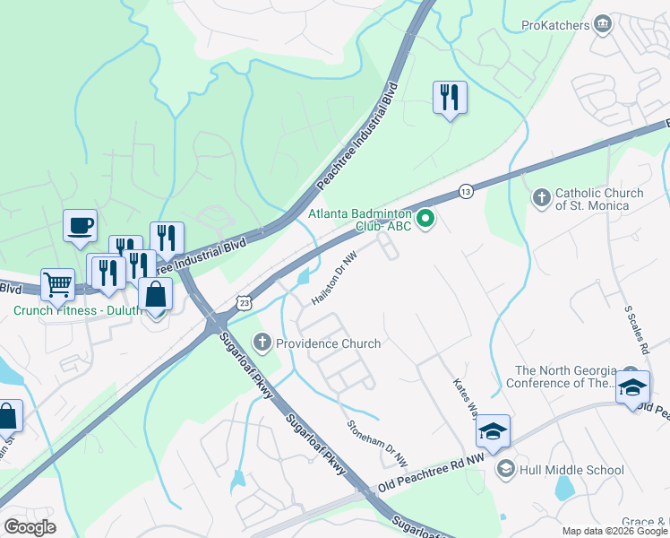 map of restaurants, bars, coffee shops, grocery stores, and more near 2017 Hailston Drive Northwest in Duluth