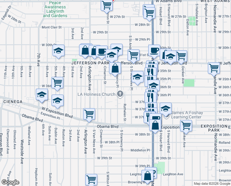 map of restaurants, bars, coffee shops, grocery stores, and more near 3619 South Gramercy Place in Los Angeles