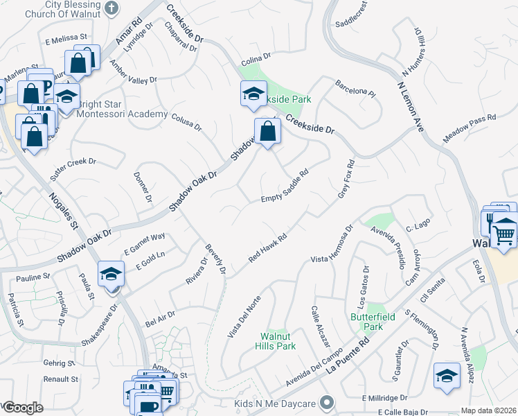 map of restaurants, bars, coffee shops, grocery stores, and more near 19410 Empty Saddle Road in Walnut