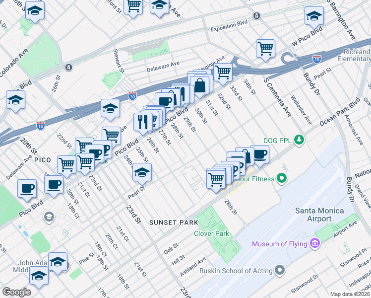 map of restaurants, bars, coffee shops, grocery stores, and more near 2336 28th Street in Santa Monica