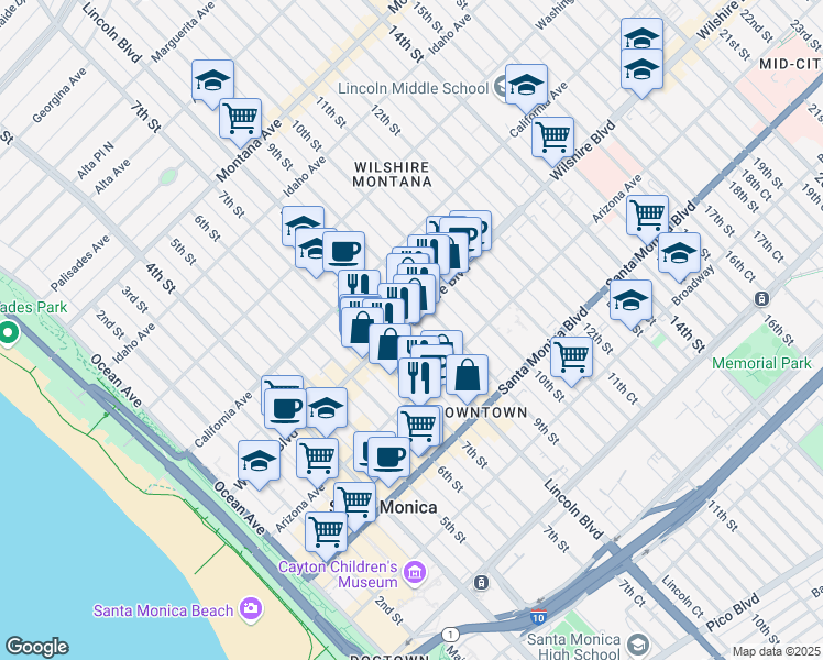map of restaurants, bars, coffee shops, grocery stores, and more near in Santa Monica