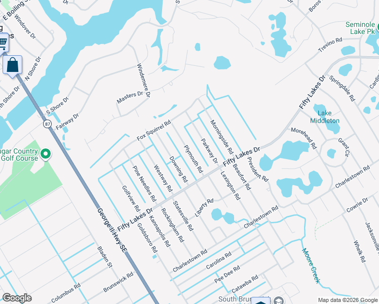 map of restaurants, bars, coffee shops, grocery stores, and more near Plymouth Road in Boiling Spring Lakes