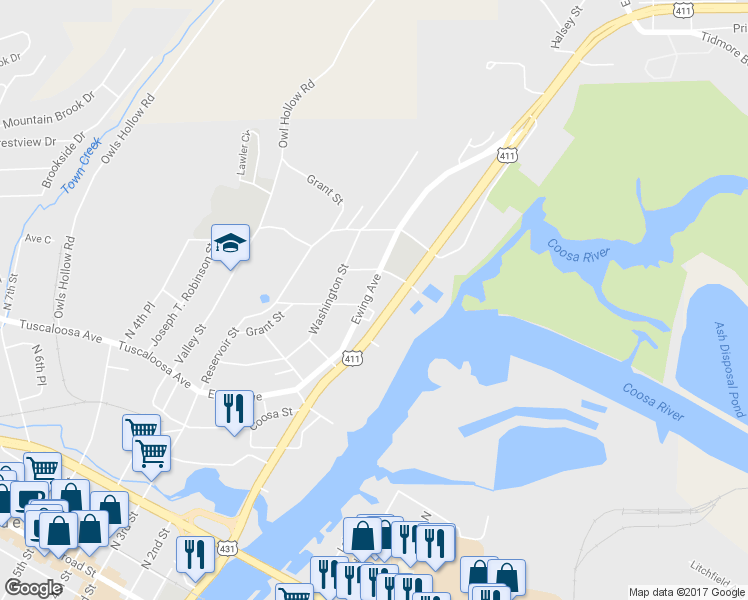 map of restaurants, bars, coffee shops, grocery stores, and more near 339 Ewing Avenue in Gadsden