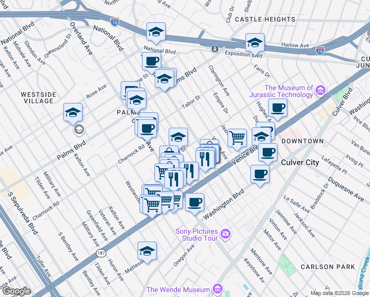 map of restaurants, bars, coffee shops, grocery stores, and more near Mentone Avenue & Regent Street in Los Angeles