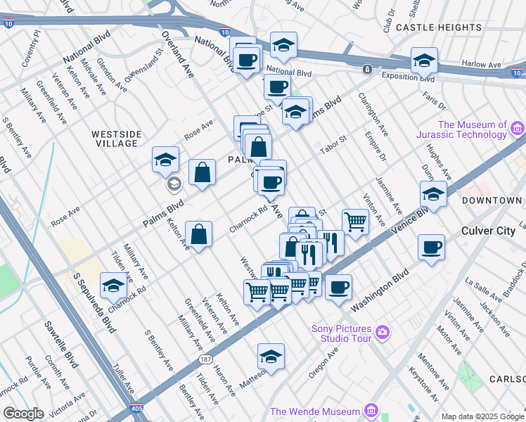 map of restaurants, bars, coffee shops, grocery stores, and more near 10715 Francis Place in Los Angeles