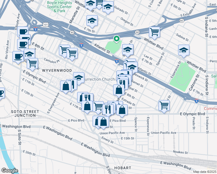 map of restaurants, bars, coffee shops, grocery stores, and more near 3306 East 8th Street in Los Angeles
