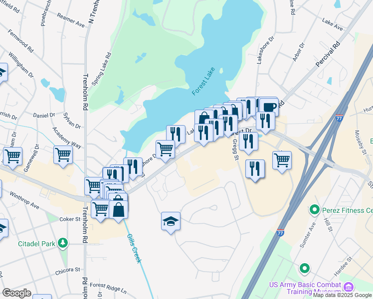 map of restaurants, bars, coffee shops, grocery stores, and more near 5250 Forest Drive in Columbia