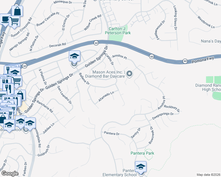 map of restaurants, bars, coffee shops, grocery stores, and more near 471 Ballena Drive in Diamond Bar