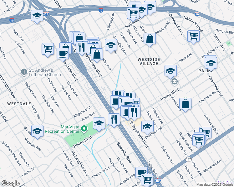 map of restaurants, bars, coffee shops, grocery stores, and more near 3330 South Sepulveda Boulevard in Los Angeles