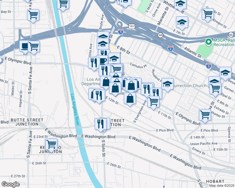 map of restaurants, bars, coffee shops, grocery stores, and more near 2801 East 12th Street in Los Angeles