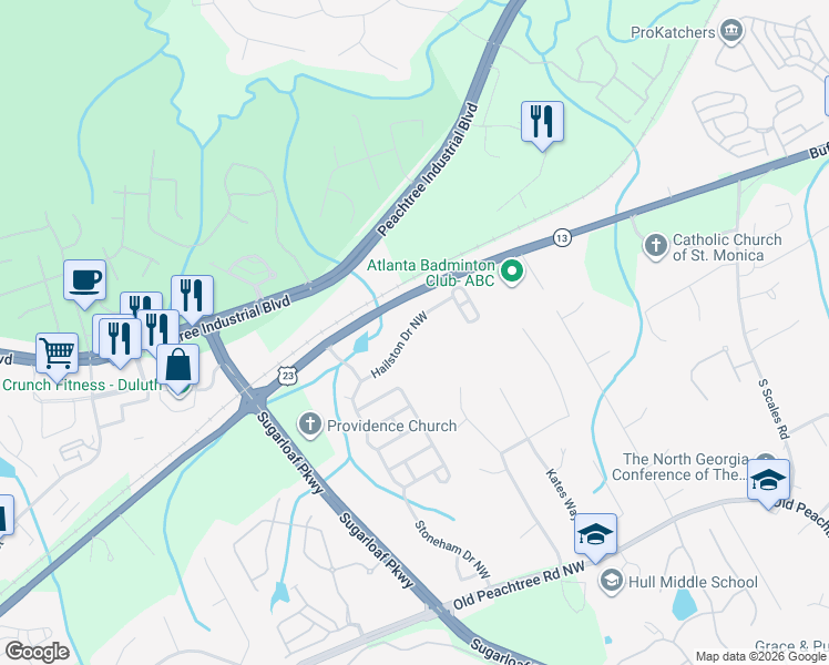 map of restaurants, bars, coffee shops, grocery stores, and more near 2024 Hailston Drive Northwest in Duluth