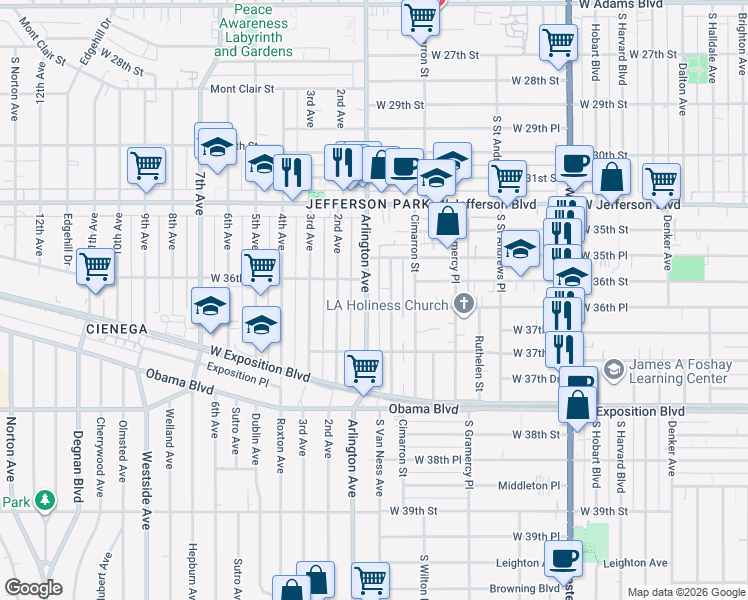 map of restaurants, bars, coffee shops, grocery stores, and more near 3622 Arlington Avenue in Los Angeles