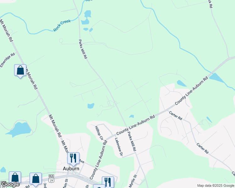 map of restaurants, bars, coffee shops, grocery stores, and more near 193 Parks Mill Road in Auburn