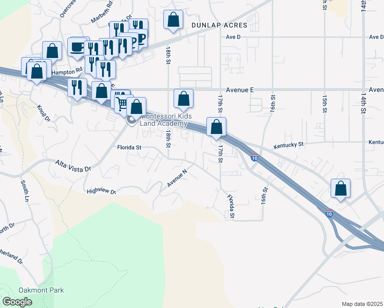 map of restaurants, bars, coffee shops, grocery stores, and more near 31840 Florida Street in Redlands