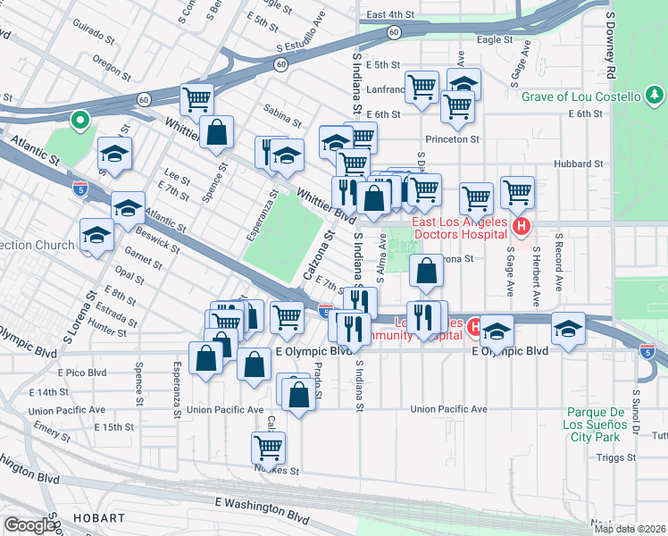 map of restaurants, bars, coffee shops, grocery stores, and more near 3726 Lee Street in Los Angeles