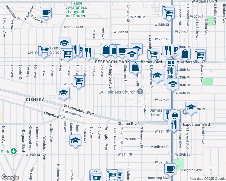 map of restaurants, bars, coffee shops, grocery stores, and more near 3622 Arlington Avenue in Los Angeles