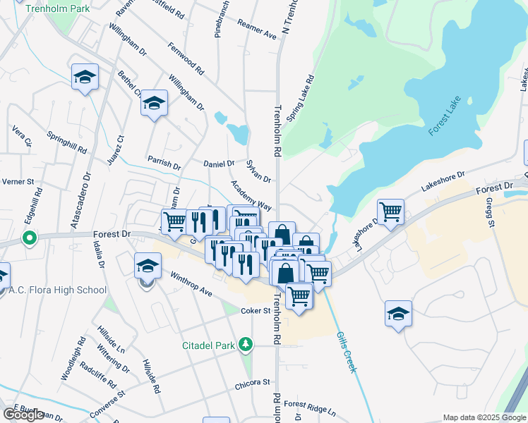 map of restaurants, bars, coffee shops, grocery stores, and more near 105 Academy Way in Columbia